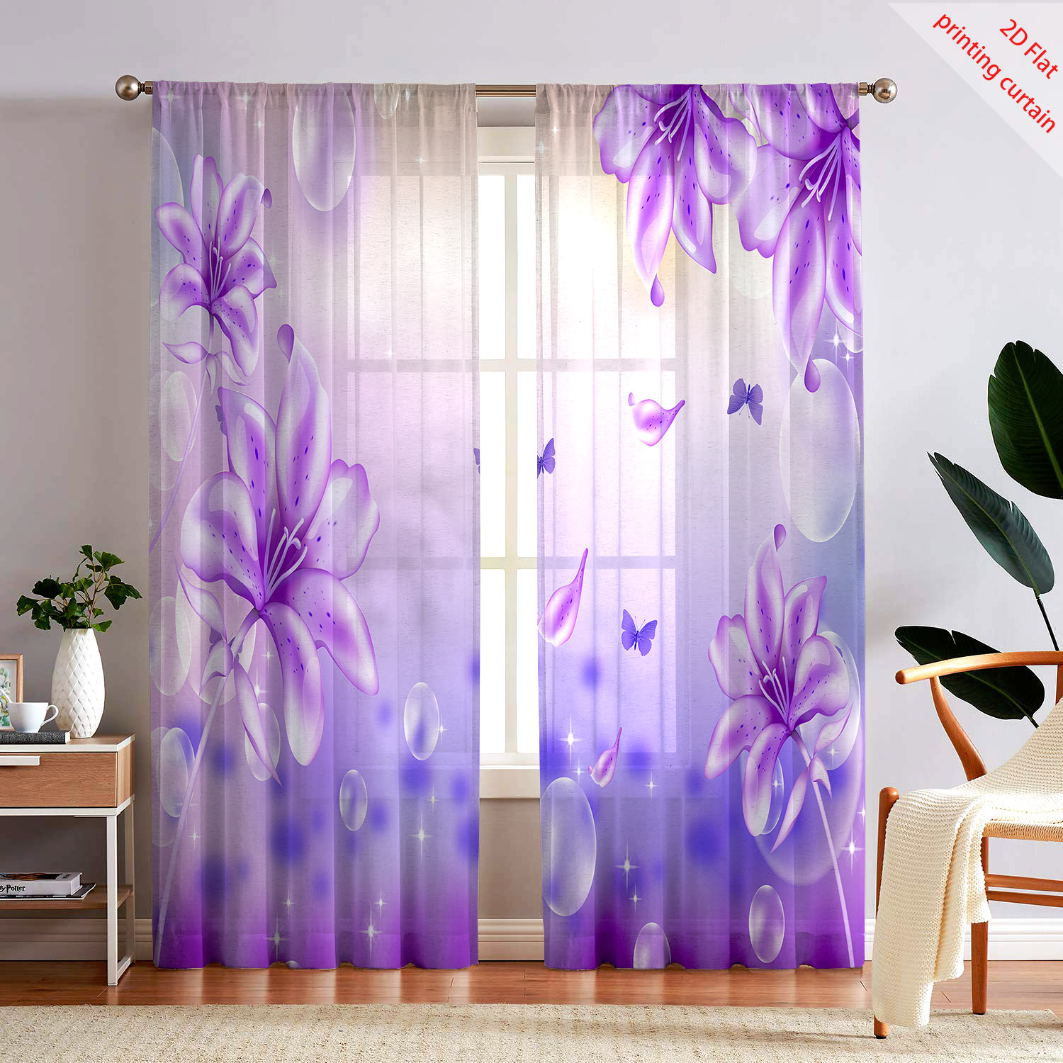 Home Office Windows - Purple Flower Printed Transparent Gauze Curtain