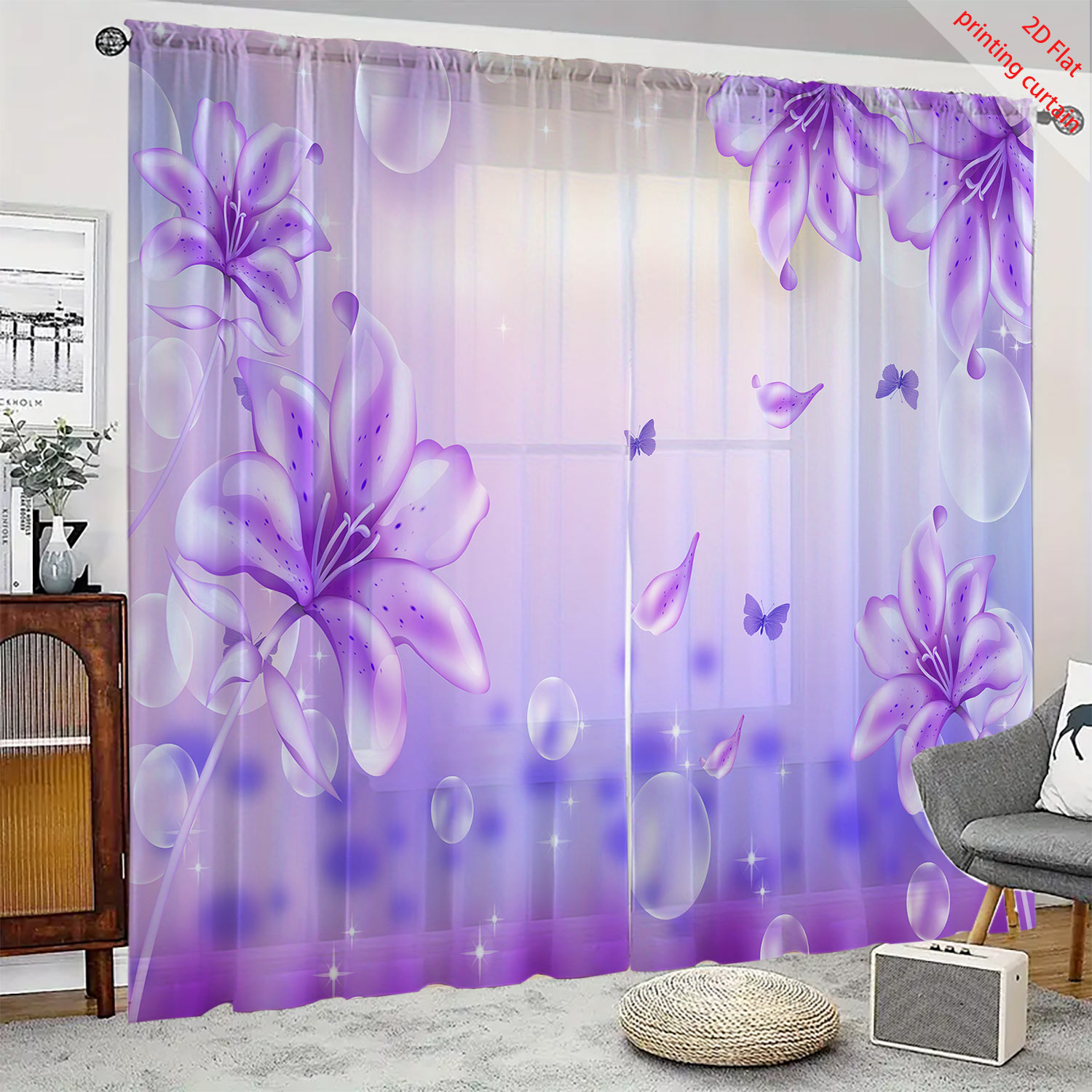 Purple Flower Printed Transpar - Home Office Windows recension och pris